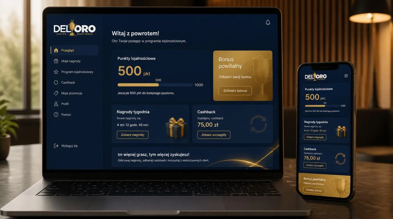 Panel nagród z licznikiem punktów, bonusem tygodniowym i ofertą cashbacku
