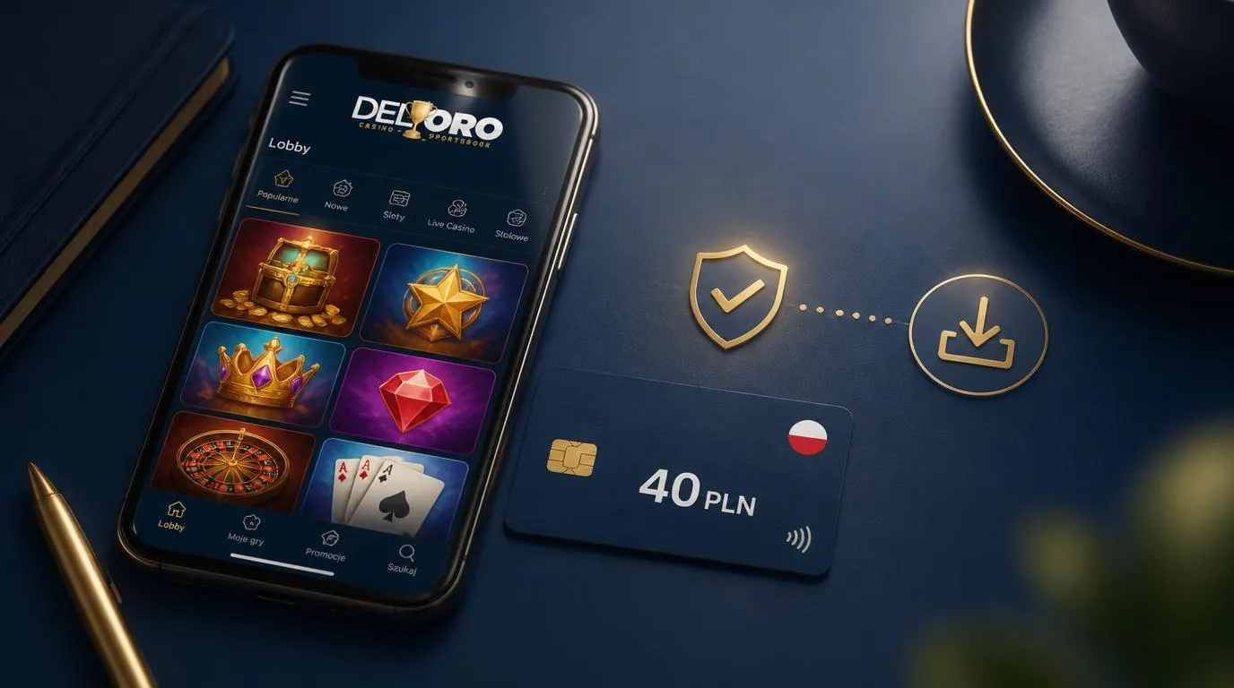 Telefon z widokiem gier kasynowych, potwierdzeniem tożsamości i wpłatą 40 PLN