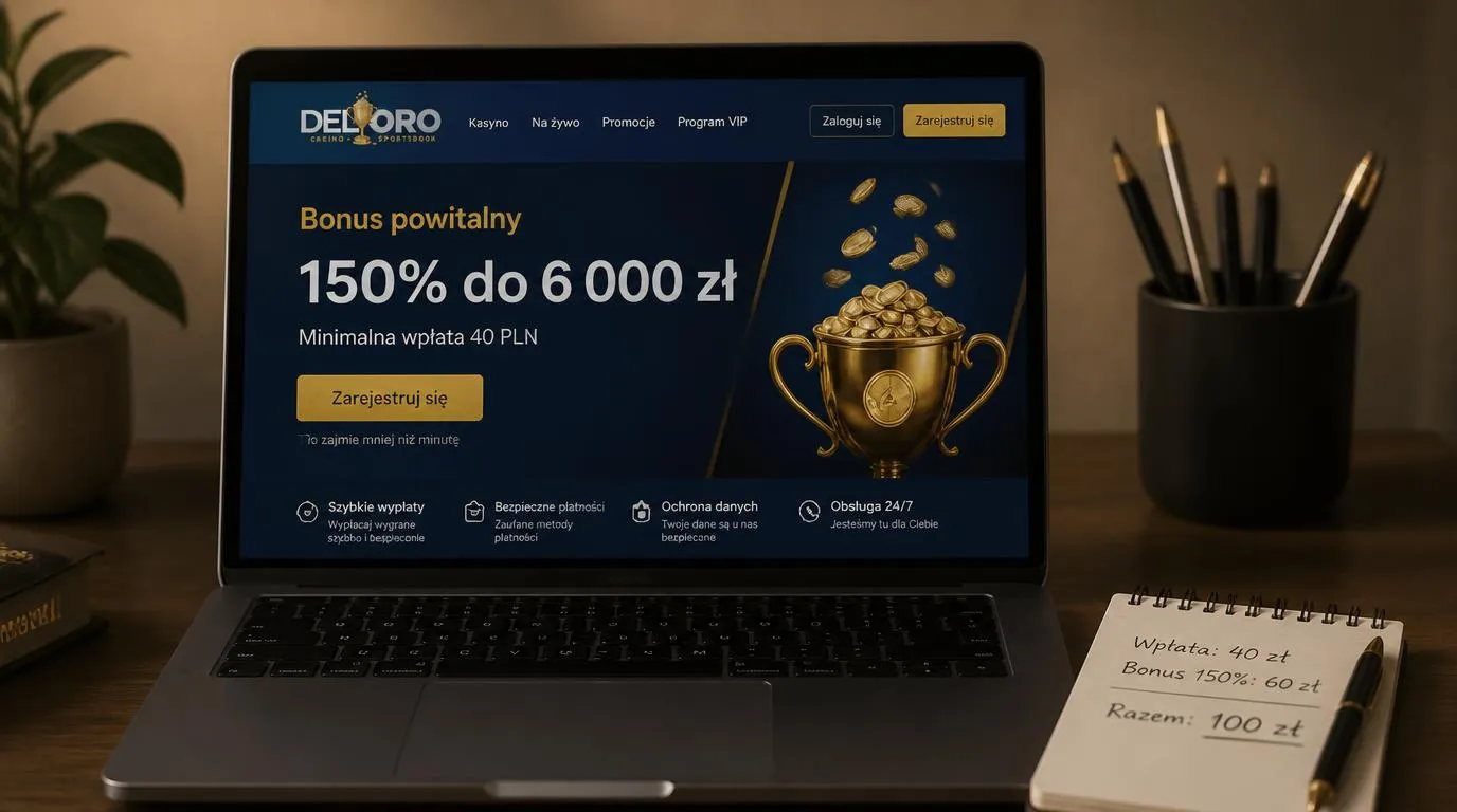 Ekran bonusu powitalnego z wpłatą 40 PLN, premią 150% i limitem 6 000 zł
