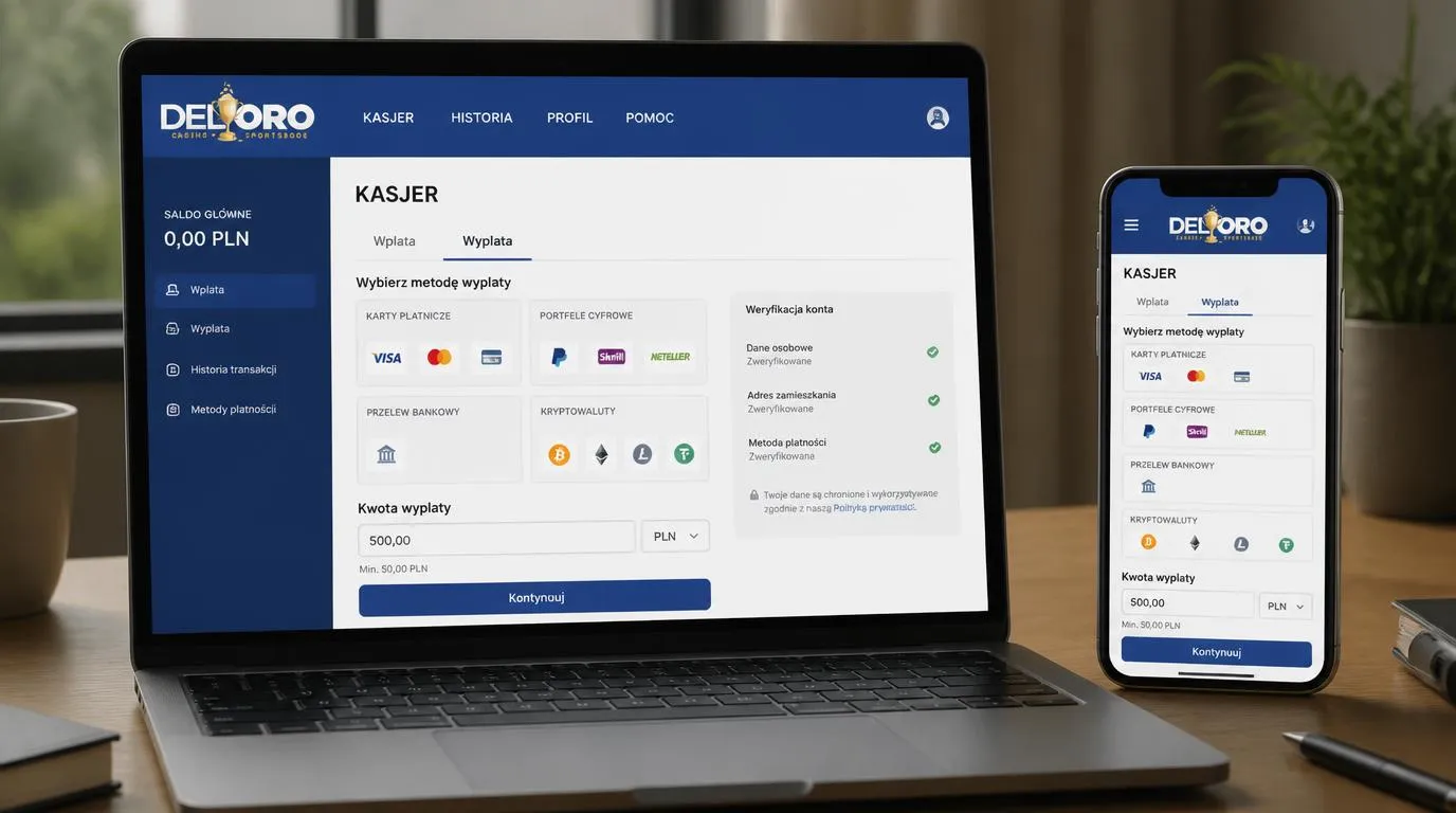 Ekran kasy z grupami metod płatności, walutą PLN i informacją o czasie wypłaty